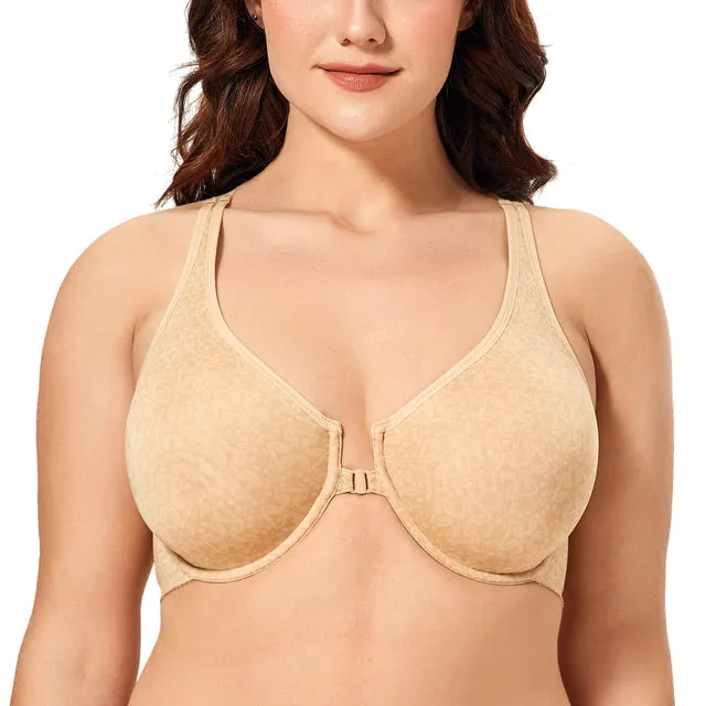 Beige Geometry Front Closure Plus Size Unlined Seamless Bra for Women