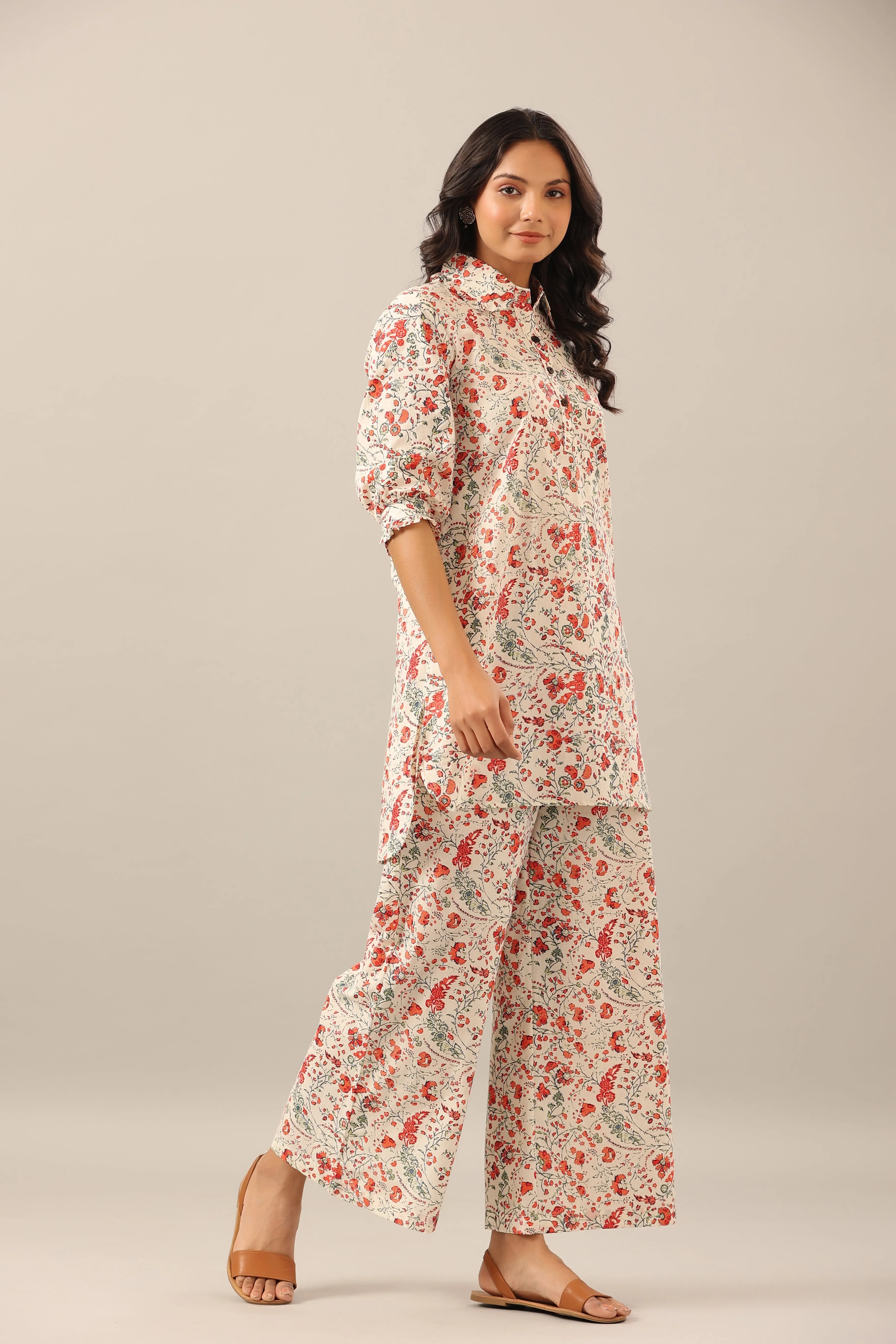 Chintz Collared Floral Jaal on white Collared Lounge Co-ord Set