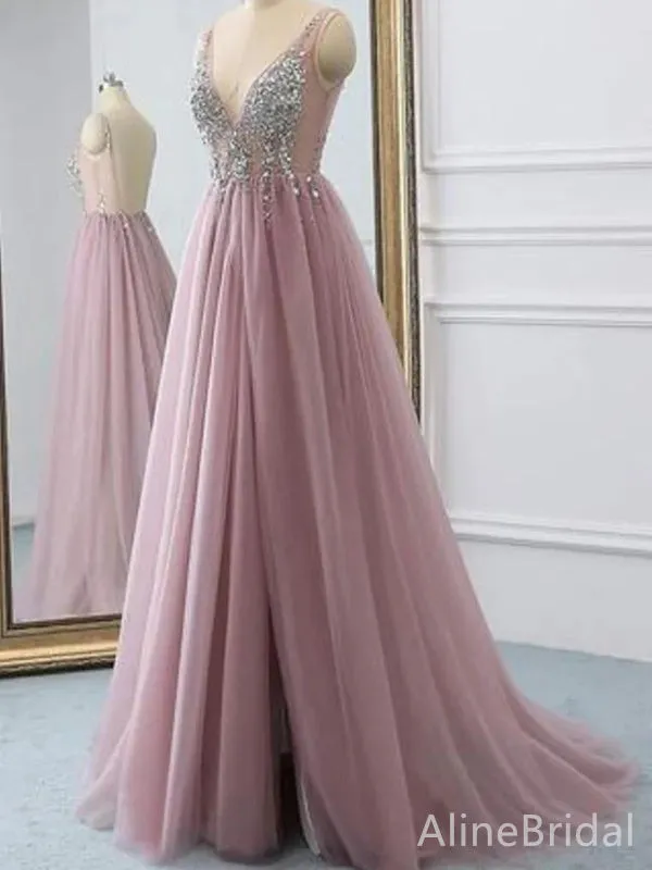 Elegant V-neck Backless A-line Long Prom Dress,Evening Dress,PD37805