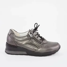 Ladies Waldlaufer Trainers Pewter Wedge Heel Leather Soft Zip H Wider Fitting